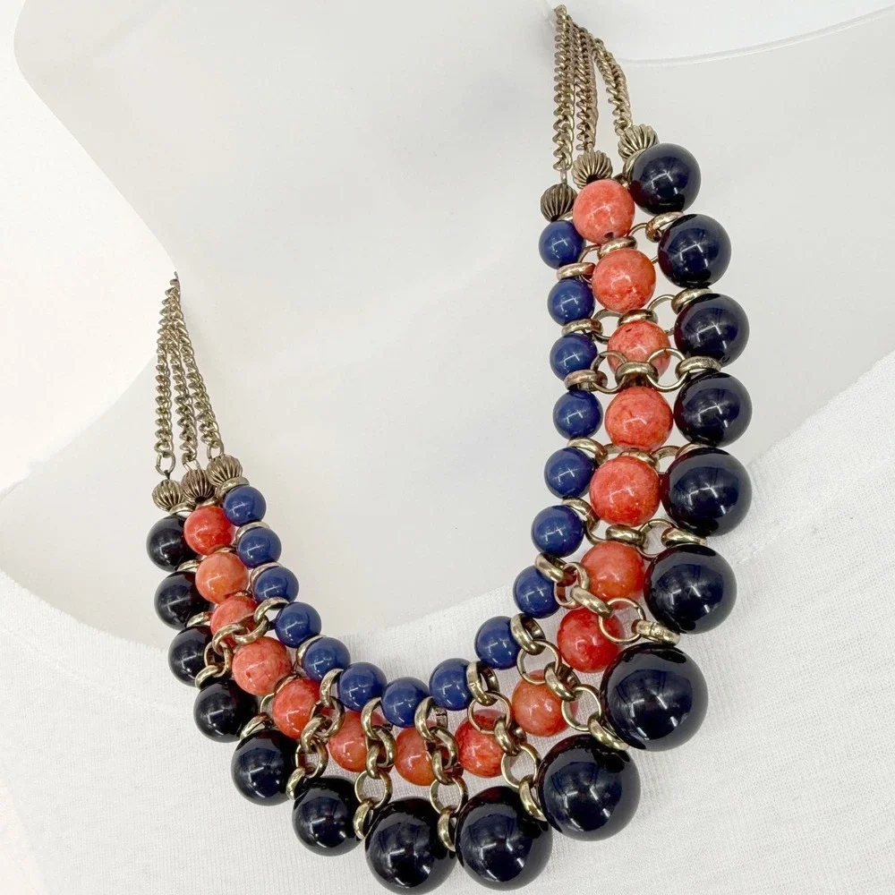 Eva Mendes NY & Co Triple Strand Bib Necklace Blue Coral Bead Gold Tone 103-192